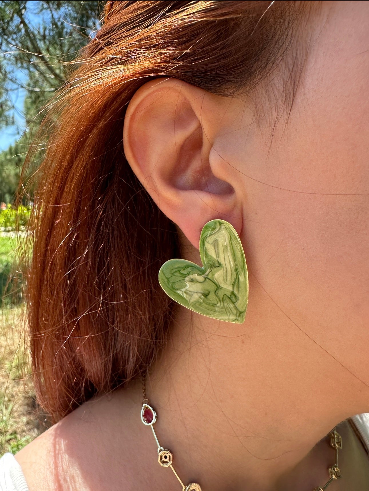 Yeşil Mineli Kalp Küpe