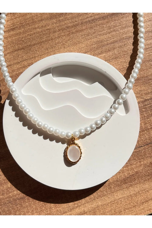 4 mm Cam İncili Beyaz Sedef Taşlı Oval İnci Kolye