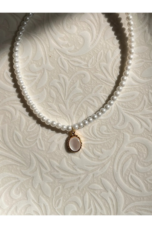 4 mm Cam İncili Beyaz Sedef Taşlı Oval İnci Kolye