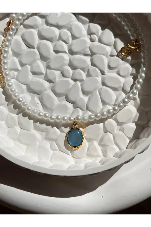 4 mm Cam İncili Mavi Sedef Taşlı Oval İnci Kolye