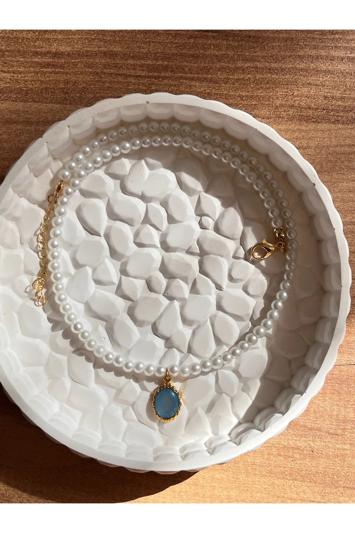 4 mm Cam İncili Mavi Sedef Taşlı Oval İnci Kolye